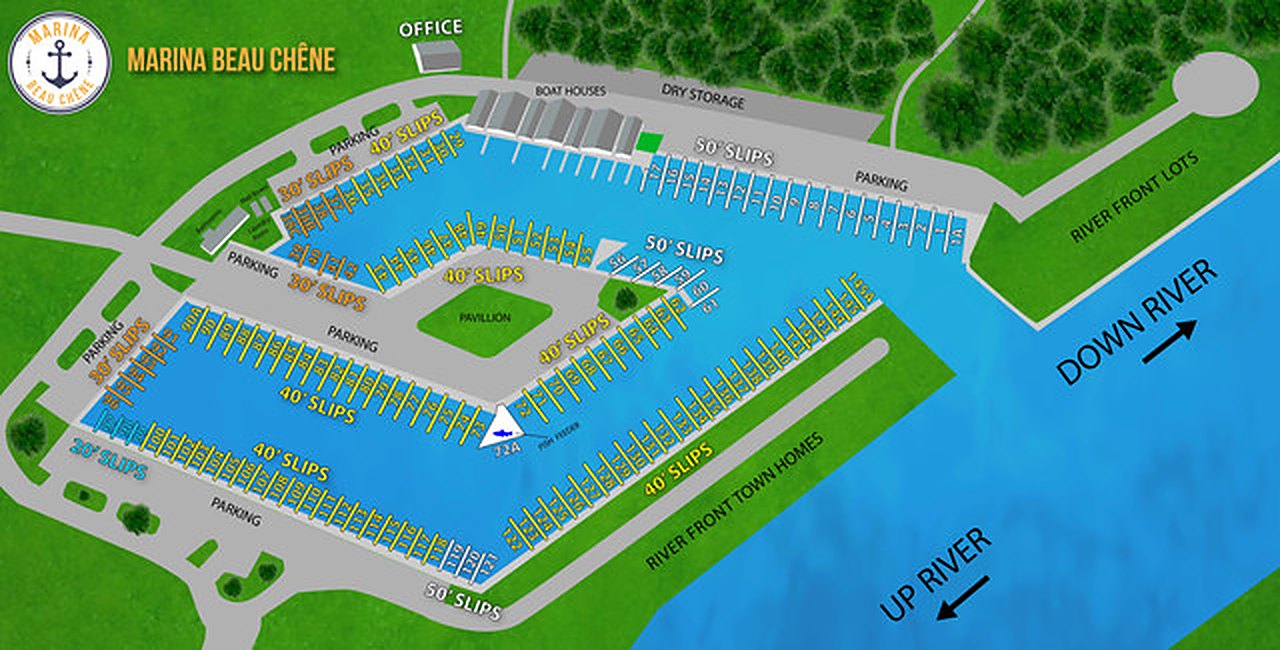 Illustrated map of Marina Beau Chêne showing 20, 30, 40 and 50 foot slips, boat houses, dry storage, the office, pavilion, parking and riverfront homes